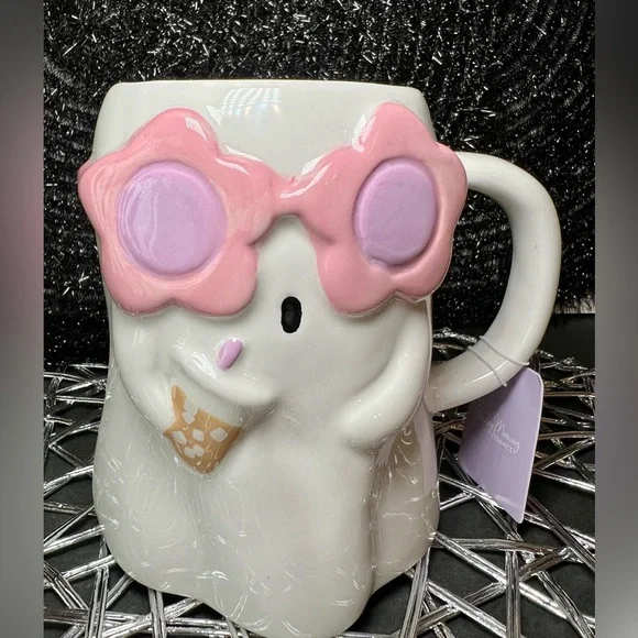 Halloween Ceramic Cold Brew Drinking Girlie Girl Ghost Mug Flower Sunglasses - Picture 3 of 10